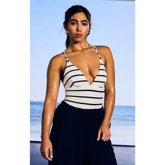 CALIA Swim Triangle Strappy Back One Piece White/Blue Stripe Mesh 4 NWT - Picture 7 of 7